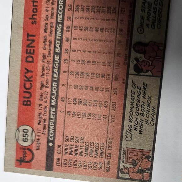1981 TOPPS 650 BUCKY DENT - Picture 6 of 12